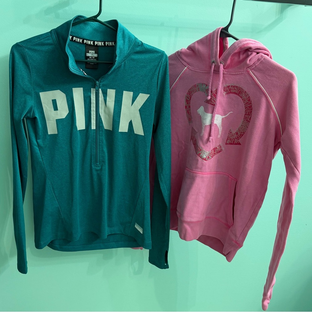 Set of 2 PINK Victoria's Secret Tops Teal Quarter Zip and Pink Sweatshirt